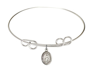 8 inch Round Double Loop Rhodium Bangle Bracelet with a Sterling Silver Saint Catherine of Alexandria charm. Engraved Catholic Saint Jewelry