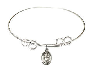 8 inch Round Double Loop Rhodium Bangle Bracelet with a Sterling Silver Saint Joachim charm. Engraved Catholic Saint Jewelry