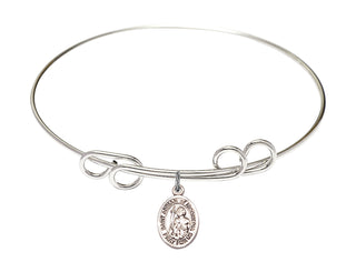 8 inch Round Double Loop Rhodium Bangle Bracelet with a Sterling Silver Saint Adrian of Nicomedia charm. Engraved Catholic Saint Jewelry