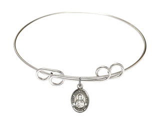 8 inch Round Double Loop Rhodium Bangle Bracelet with a Sterling Silver Saint John Chrysostom charm. Engraved Catholic Saint Jewelry