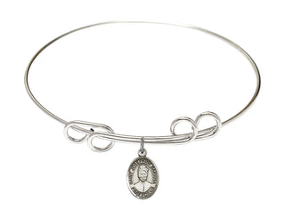 8 inch Round Double Loop Rhodium Bangle Bracelet with a Sterling Silver Saint Josephine Bakhita charm. Engraved Catholic Saint Jewelry
