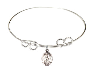 8 inch Round Double Loop Rhodium Bangle Bracelet with a Sterling Silver Saint Kieran charm. Engraved Catholic Saint Jewelry