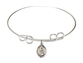 8 inch Round Double Loop Rhodium Bangle Bracelet with a Sterling Silver Saint Anne charm. Engraved Catholic Saint Jewelry
