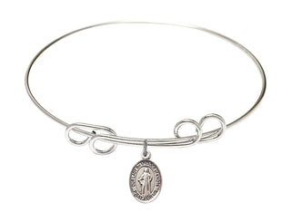 8 inch Round Double Loop Rhodium Bangle Bracelet with a Sterling Silver Our Lady the Undoer of Knots charm. Engraved Catholic Saint Jewelry