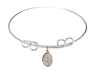 8 inch Round Double Loop Rhodium Bangle Bracelet with a Sterling Silver Our Lady of Assumption charm. Engraved Catholic Saint Jewelry