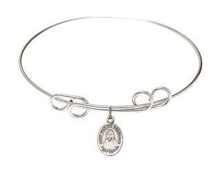 8 inch Round Double Loop Rhodium Bangle Bracelet with a Sterling Silver Saint Pauline Visintainer charm. Engraved Catholic Saint Jewelry