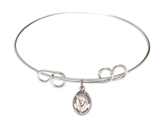 8 inch Round Double Loop Rhodium Bangle Bracelet with a Sterling Silver Saint Peter Canisius charm. Engraved Catholic Saint Jewelry
