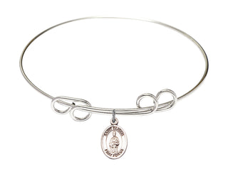 8 inch Round Double Loop Rhodium Bangle Bracelet with a Sterling Silver Saint Eligius charm. Engraved Catholic Saint Jewelry