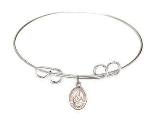 8 inch Round Double Loop Rhodium Bangle Bracelet with a Sterling Silver Saint Margaret of Scotland charm. Engraved Catholic Saint Jewelry