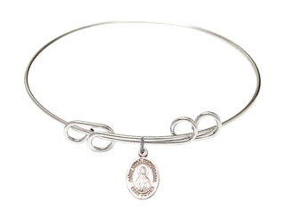 8 inch Round Double Loop Rhodium Bangle Bracelet with a Sterling Silver Saint Lydia Purpuraria charm. Engraved Catholic Saint Jewelry