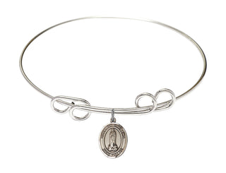 8 inch Round Double Loop Rhodium Bangle Bracelet with a Sterling Silver Our Lady of Kibeho charm. Engraved Catholic Saint Jewelry