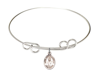 8 inch Round Double Loop Rhodium Bangle Bracelet with a Sterling Silver Saint Joseph Marello charm. Engraved Catholic Saint Jewelry