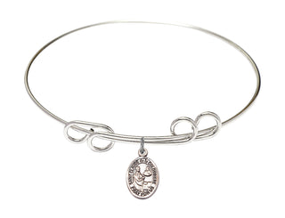 8 inch Round Double Loop Rhodium Bangle Bracelet with a Sterling Silver Saint Claude de la Colombiere charm. Engraved Catholic Saint Jewelry