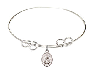 8 inch Round Double Loop Rhodium Bangle Bracelet with a Sterling Silver Saint Jadwiga of Poland charm. Engraved Catholic Saint Jewelry