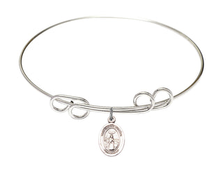 8 inch Round Double Loop Rhodium Bangle Bracelet with a Sterling Silver Saint Medard of Noyon charm. Engraved Catholic Saint Jewelry