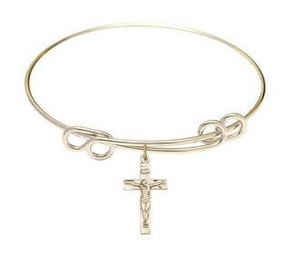 8 1/2 inch Round Double Loop Hamilton Gold Bangle Bracelet with a 14kt Gold Filled Crucifix charm.