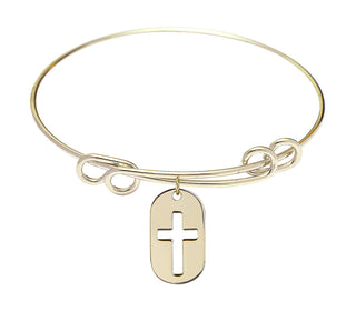 8 1/2 inch Round Double Loop Hamilton Gold Bangle Bracelet with a 14kt Gold Filled Cross Dog Tag charm.