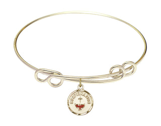 8 1/2 inch Round Double Loop Hamilton Gold Bangle Bracelet with a 14kt Gold Filled Confirmation charm. Engraved Catholic Saint Jewelry