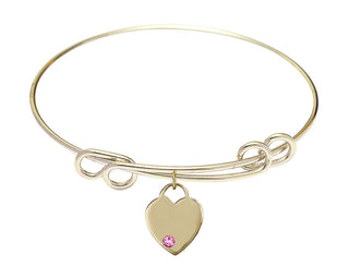 8 1/2 inch Round Double Loop Hamilton Gold Bangle Bracelet with a 14kt Gold Filled Heart charm. Engraved Catholic Saint Jewelry