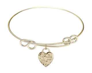 8 1/2 inch Round Double Loop Hamilton Gold Bangle Bracelet with a 14kt Gold Filled Guardian Angel Heart charm. Engraved Catholic Saint Jewelry