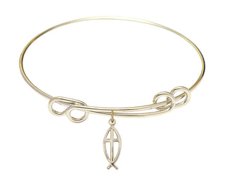 8 1/2 inch Round Double Loop Hamilton Gold Bangle Bracelet with a 14kt Gold Filled Fish / Cross charm.
