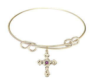 8 1/2 inch Round Double Loop Hamilton Gold Bangle Bracelet with a 14kt Gold Filled Cross charm. Engraved Catholic Saint Jewelry