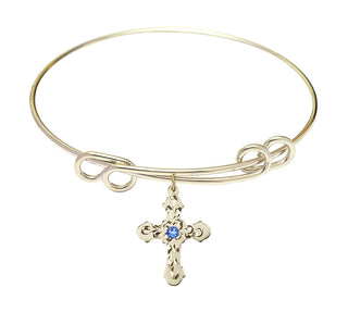 8 1/2 inch Round Double Loop Hamilton Gold Bangle Bracelet with a 14kt Gold Filled Cross charm. Engraved Catholic Saint Jewelry