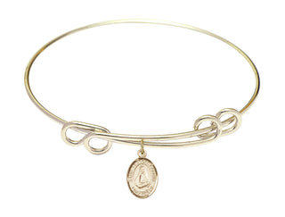 8 1/2 inch Round Double Loop Hamilton Gold Bangle Bracelet with a 14kt Gold Filled Saint Frances Cabrini charm. Engraved Catholic Saint Jewelry