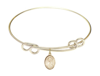 8 1/2 inch Round Double Loop Hamilton Gold Bangle Bracelet with a 14kt Gold Filled Saint Dennis charm. Engraved Catholic Saint Jewelry