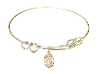 8 1/2 inch Round Double Loop Hamilton Gold Bangle Bracelet with a 14kt Gold Filled Saint Clare of Assisi charm. Engraved Catholic Saint Jewelry