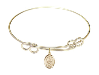 8 1/2 inch Round Double Loop Hamilton Gold Bangle Bracelet with a 14kt Gold Filled Saint Jane of Valois charm. Engraved Catholic Saint Jewelry