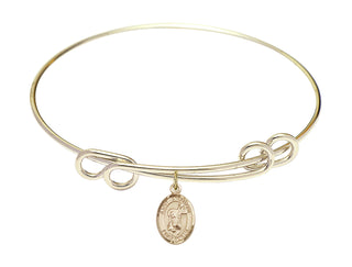 8 1/2 inch Round Double Loop Hamilton Gold Bangle Bracelet with a 14kt Gold Filled Saint Stephanie charm. Engraved Catholic Saint Jewelry