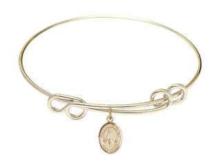 8 1/2 inch Round Double Loop Hamilton Gold Bangle Bracelet with a 14kt Gold Filled Our Lady of Peace charm. Engraved Catholic Saint Jewelry