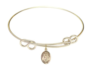 8 1/2 inch Round Double Loop Hamilton Gold Bangle Bracelet with a 14kt Gold Filled Our Lady of Knock charm. Engraved Catholic Saint Jewelry