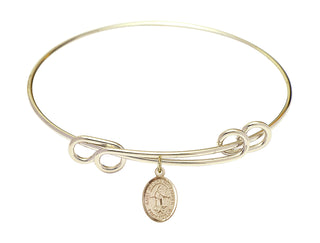8 1/2 inch Round Double Loop Hamilton Gold Bangle Bracelet with a 14kt Gold Filled Saint Isidore the Farmer charm. Engraved Catholic Saint Jewelry