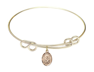 8 1/2 inch Round Double Loop Hamilton Gold Bangle Bracelet with a 14kt Gold Filled Saint Meinrad of Einsiedeln charm. Engraved Catholic Saint Jewelry
