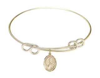 8 1/2 inch Round Double Loop Hamilton Gold Bangle Bracelet with a 14kt Gold Filled Saint Finnian of Clonard charm. Engraved Catholic Saint Jewelry