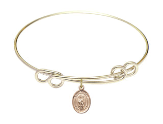 8 1/2 inch Round Double Loop Hamilton Gold Bangle Bracelet with a 14kt Gold Filled Saint Ronan charm. Engraved Catholic Saint Jewelry