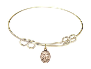 8 1/2 inch Round Double Loop Hamilton Gold Bangle Bracelet with a 14kt Gold Filled Saint Columbanus charm. Engraved Catholic Saint Jewelry