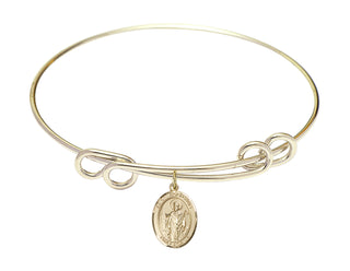 8 1/2 inch Round Double Loop Hamilton Gold Bangle Bracelet with a 14kt Gold Filled Saint Wolfgang charm. Engraved Catholic Saint Jewelry