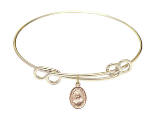 8 1/2 inch Round Double Loop Hamilton Gold Bangle Bracelet with a 14kt Gold Filled Saint Luigi Orione charm. Engraved Catholic Saint Jewelry