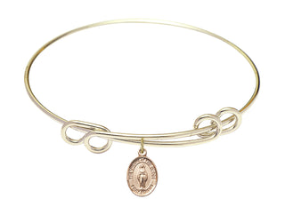 8 1/2 inch Round Double Loop Hamilton Gold Bangle Bracelet with a 14kt Gold Filled Virgin of the Globe charm. Engraved Catholic Saint Jewelry