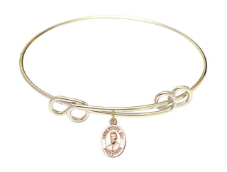 8 1/2 inch Round Double Loop Hamilton Gold Bangle Bracelet with a 14kt Gold Filled Blessed Miguel Pro charm. Engraved Catholic Saint Jewelry