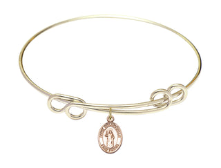 8 1/2 inch Round Double Loop Hamilton Gold Bangle Bracelet with a 14kt Gold Filled Saint Columbkille charm. Engraved Catholic Saint Jewelry