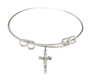 8 1/2 inch Round Double Loop Rhodium Bangle Bracelet with a Sterling Silver Crucifix charm.