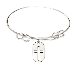 8 1/2 inch Round Double Loop Rhodium Bangle Bracelet with a Sterling Silver Cross Dog Tag charm.