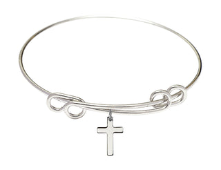 8 1/2 inch Round Double Loop Rhodium Bangle Bracelet with a Sterling Silver Cross charm.