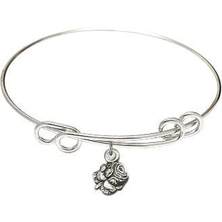 8 1/2 inch Round Double Loop Rhodium Bangle Bracelet with a Sterling Silver Rosebud charm.