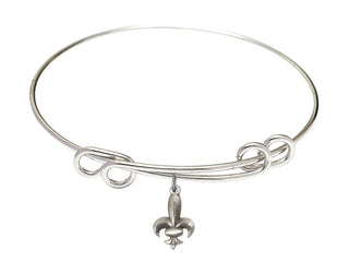 8 1/2 inch Round Double Loop Rhodium Bangle Bracelet with a Sterling Silver Fleur de Lis charm.