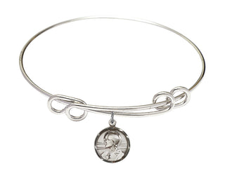 8 1/2 inch Round Double Loop Rhodium Bangle Bracelet with a Sterling Silver Scapular charm. Engraved Catholic Saint Jewelry